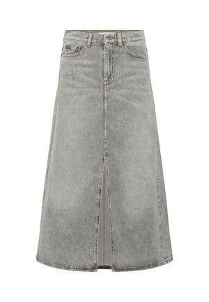 Grå denim midi kjol med en frontslits och kontrasterande sömmar. Har hög midja, tre fickor och en rak silhuett.