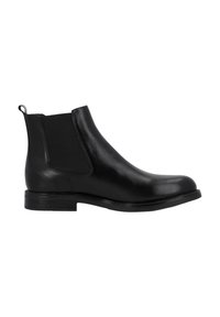 Schwarze Leder-Chelsea-Stiefel mit elastischen seitlichen Einsätzen, runder Zehenpartie, Zugschlaufe und niedrigem, gestapeltem Absatz. Glatte Textur mit minimalen Details.