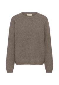 Pull tricot marron à manches longues, col rond, poignets et ourlet côtelés, confectionné dans un matériau doux, avec un petit logo en bas.