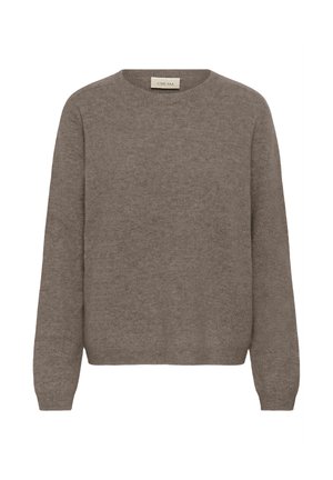 Pull tricot marron à manches longues, col rond, poignets et ourlet côtelés, confectionné dans un matériau doux, avec un petit logo en bas.