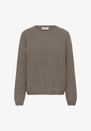 Pull tricot marron à manches longues, col rond, poignets et ourlet côtelés, confectionné dans un matériau doux, avec un petit logo en bas.