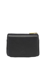 Portefeuille en cuir noir avec fermeture à glissière, surface texturée et poche avant. Accent en métal doré sur la fermeture. Forme rectangulaire compacte.