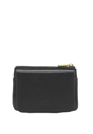 Portefeuille en cuir noir avec fermeture à glissière, surface texturée et poche avant. Accent en métal doré sur la fermeture. Forme rectangulaire compacte.