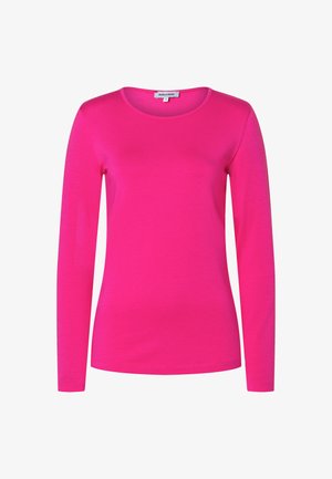 Langärmeliges Oberteil aus leuchtend pinkem Stoff. Verfügt über einen Rundhalsausschnitt und eine glatte Textur. Schlichtes Design ohne zusätzliche Muster oder Verzierungen.