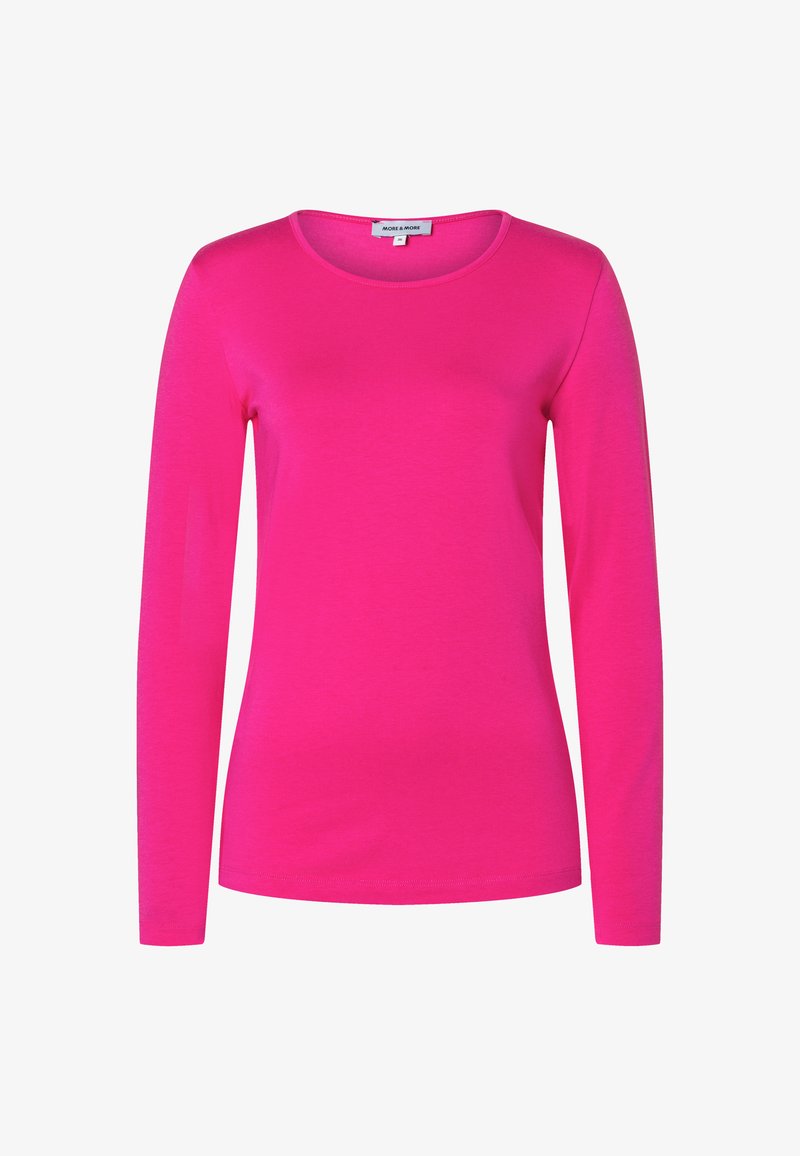 Langärmeliges Oberteil aus leuchtend pinkem Stoff. Verfügt über einen Rundhalsausschnitt und eine glatte Textur. Schlichtes Design ohne zusätzliche Muster oder Verzierungen.
