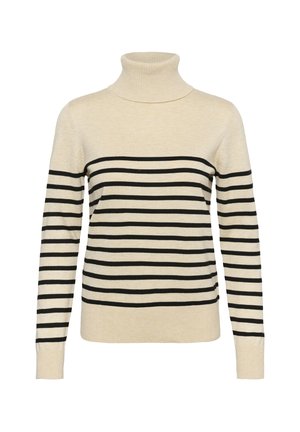 Pull à col roulé beige avec des rayures horizontales noires, manches longues, col et ourlet côtelés, texture douce et design classique.