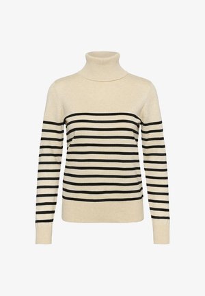 Pull à col roulé beige avec des rayures horizontales noires, manches longues, col et ourlet côtelés, texture douce et design classique.