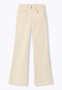Pantalons larges beige en coton avec une ceinture tressée, dotés de deux poches avant et d'une fermeture à bouton sur le devant.