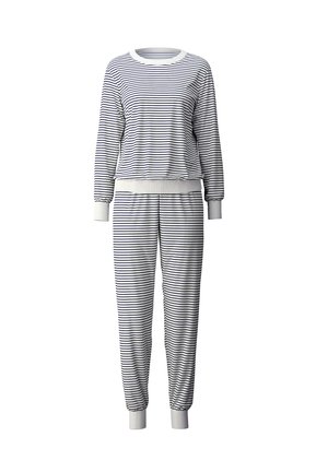 Set di abbigliamento loungewear a righe in bianco e blu navy, composto da una maglia a maniche lunghe con colletto a girocollo e polsini a coste, insieme a pantaloni con vita elasticizzata abbinati.