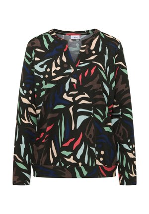 Top s dlouhým rukávem a výstřihem do V, černý základ zdobený barevnými vzory listů v zelené, červené a modré barvě. Měkká textura látky.