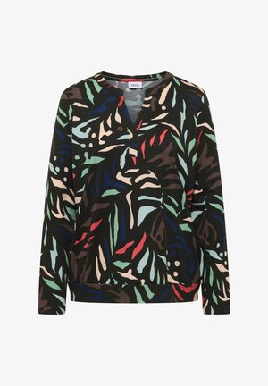 Top s dlouhým rukávem a výstřihem do V, černý základ zdobený barevnými vzory listů v zelené, červené a modré barvě. Měkká textura látky.