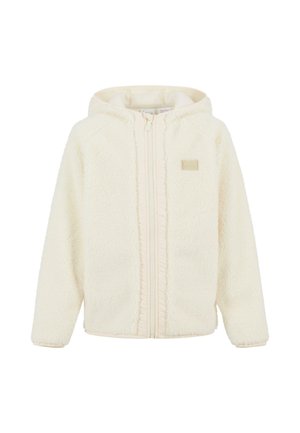 Veste en polaire à capuche de couleur crème, avec une finition texturée, fermeture zippée à l'avant et un petit logo brodé sur la poitrine gauche.