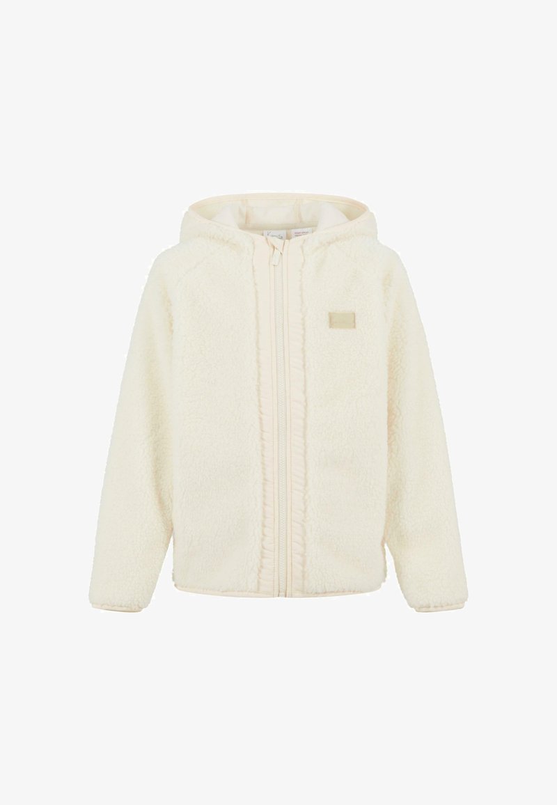 Giacca in pile color crema, con cappuccio, finitura testurizzata, chiusura frontale con zip e una piccola patch con logo sull'area sinistra del petto.