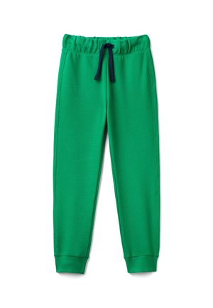 Pantalon de jogging vert en tissu doux, avec une taille élastique et un cordon de serrage bleu marine, et des poignets ajustés aux chevilles.