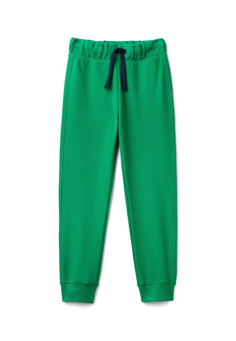 Grüne Sweatpants aus weichem Material, mit einem elastischen Bund und einer marineblauen Kordel, sowie eng anliegenden Bündchen an den Knöcheln.