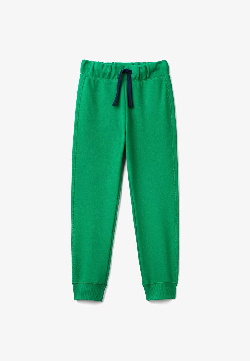 Grüne Sweatpants aus weichem Material, mit einem elastischen Bund und einer marineblauen Kordel, sowie eng anliegenden Bündchen an den Knöcheln.