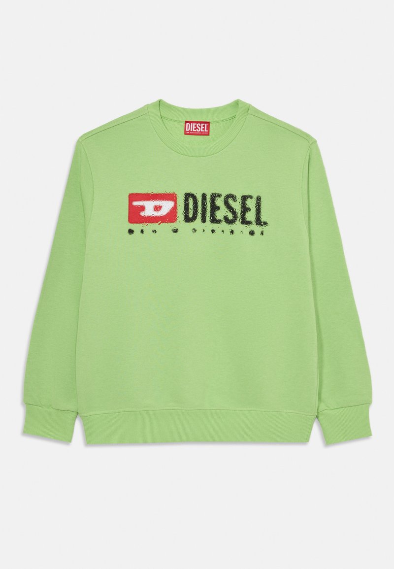 Felpa verde in cotone, con collo rotondo, polsini a costine e logo centrale "DIESEL" nero e rosso. Texture morbida, design casual.