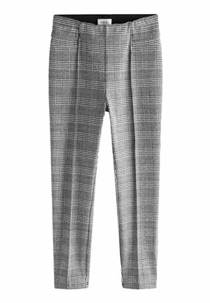 Pantaloni a quadri in bianco e nero con un tessuto liscio, caratterizzati da una parte anteriore liscia, due tasche laterali e un design con gamba affusolata.