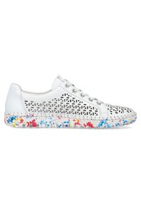 White sneakers featuring a geometric cutout design, textured upper, and a multicolored speckled sole in blue, red, and yellow accents.