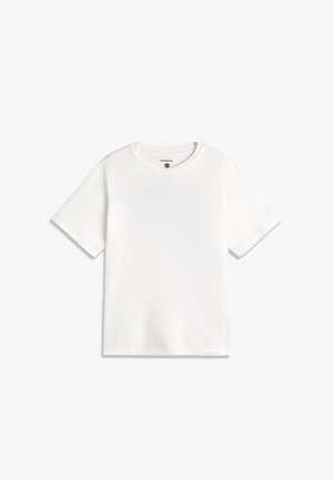 Schlichtes weißes T-Shirt mit kurzen Ärmeln und Rundhalsausschnitt, innen am Halsausschnitt ist ein kleines Label sichtbar.