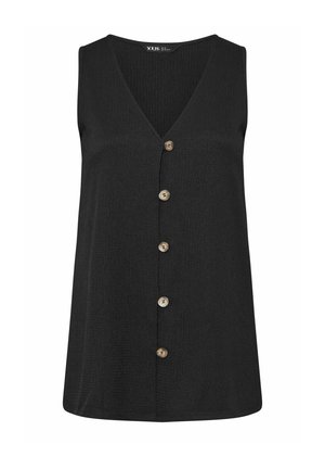 Top noir sans manches à col en V avec cinq boutons sur le devant disposés en rangée verticale, en tissu texturé et avec un ourlet droit.