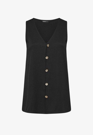 Top noir sans manches à col en V avec cinq boutons sur le devant disposés en rangée verticale, en tissu texturé et avec un ourlet droit.