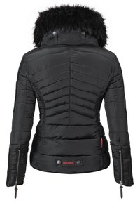 Giacca invernale nera trapuntata con cappuccio in pelliccia sintetica staccabile, polsini con zip e patch del logo "NAVAHOO" sulla parte bassa della schiena.