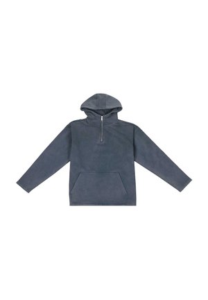 Donkergrijze hoodie met een kwartrits, voorzak en een gladde textuur. Eenvoudig ontwerp zonder zichtbare patronen of accenten.