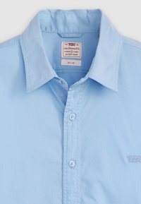 Lichtblauw, slim-fit shirt met een puntkraag, knoopsluiting en geborduurd logo. Gemaakt van een gladde stof, met twee knopen aan de voorkant.