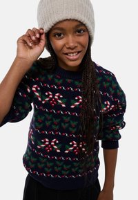 Pull marin avec des motifs de cannes de Noël et de houx, fabriqué en tissu tricoté doux, avec un col rond côtelé et une coupe décontractée.