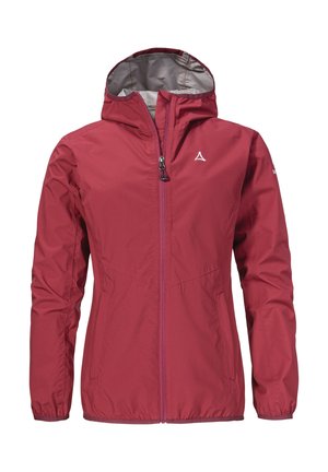 Red lightweight jacket with a hood, front zipper, and elastic cuffs. Features a contrasting inner lining and a logo on the chest.