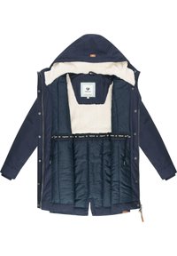 Navy blue padded jacket with a faux fur-lined hood, featuring a zip closure, inner quilted lining, and a label at the center.