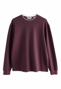 Bordeauxfarbener Langarm-Sweatshirt mit strukturiertem Stoff und weißem Rundhalsausschnitt. Verfügt über eine lockere Passform und ein minimalistisches Design.