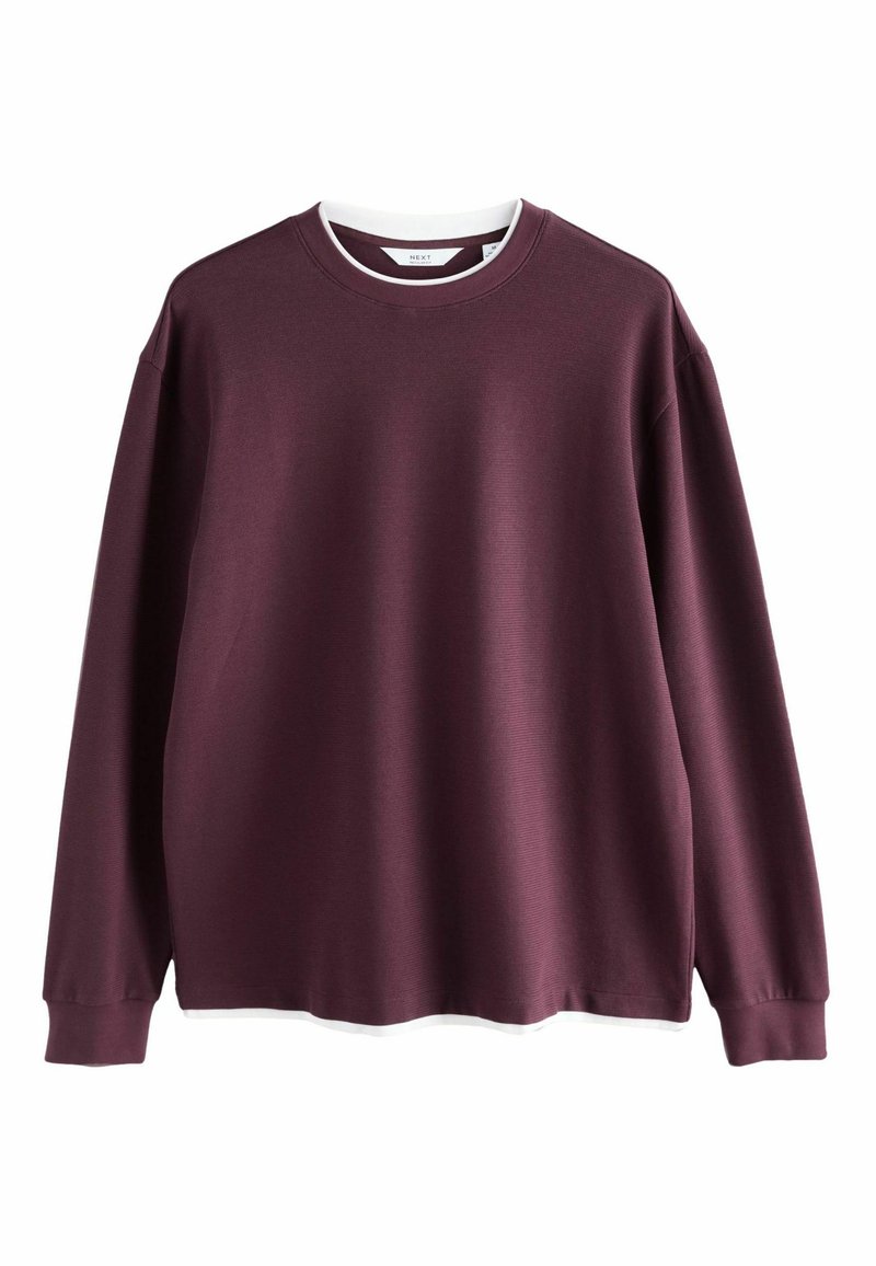 Bordeauxfarbener Langarm-Sweatshirt mit strukturiertem Stoff und weißem Rundhalsausschnitt. Verfügt über eine lockere Passform und ein minimalistisches Design.