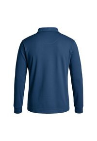 Marineblaues Langarm-Polohemd aus weichem Material, mit klassischem Kragen und mit Bündchen versehenen Ärmeln, glatter Textur und minimalistischem Design.