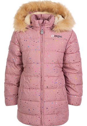 Roze gevoerde jas met glinsterende meerkleurige spikkels, een capuchon van nepbont, een rits aan de voorkant en een logo op de borst.
