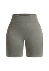 Szorty rowerowe o wysokim stanie w stonowanej zieleni, wykonane z miękkiej, elastycznej tkaniny z teksturowanymi wzorami w linii oraz gładkim pasem. 