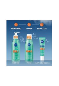 Three NIVEA skincare products arranged on a blue background: a green gel cleanser, a green toner bottle, and a green night serum tube.