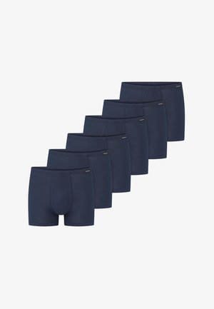 Siebener-Set marineblaue Baumwoll-Boxershorts mit glatter Textur, elastischem Bund und körpernahem Schnitt mit Frontbeutel.
