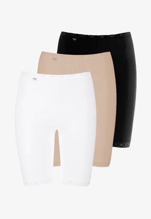 Tre par mid-thigh shorts i sort, beige og hvid. Lavet af strækbart materiale med blondertrim ved kanten og logomærke på taljen.