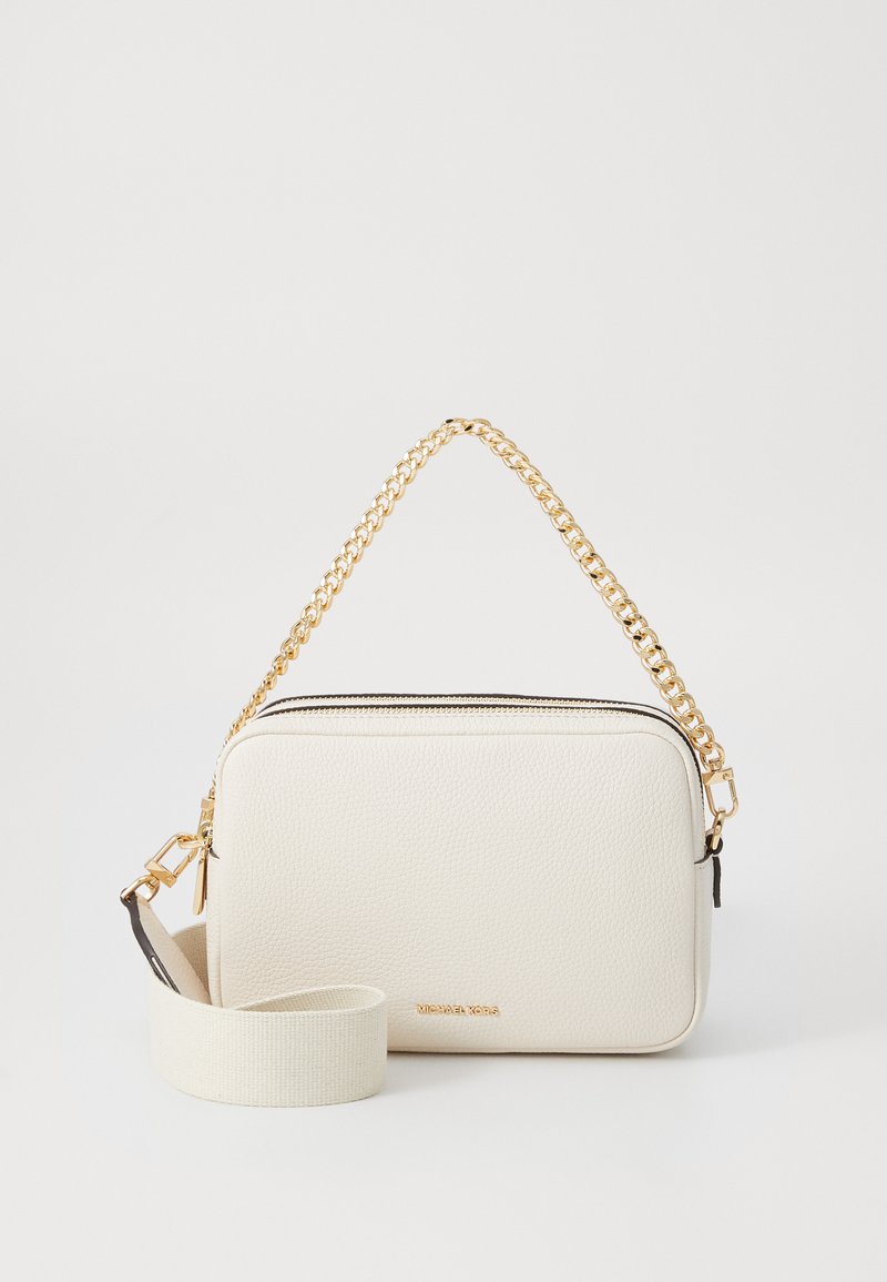 White textured synthetic handbag with gold chain handle, zipper closure, and an adjustable beige strap. Features a subtle brand logo.