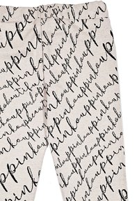 Leggings in tessuto beige con testo cursivo nero che ripete "pinkoup" in diagonale su tutto il materiale.