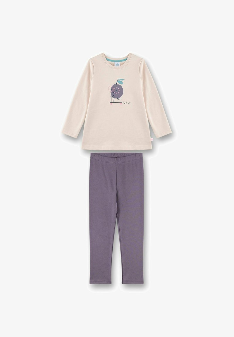 Long-sleeve cream top featuring a graphic of a cartoon character, paired with purple leggings. Both items are soft, cotton fabric.
