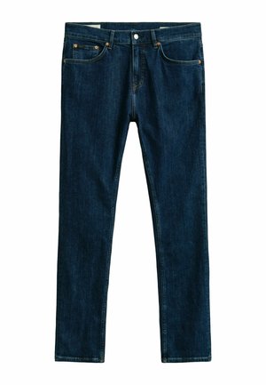 Jean en denim bleu foncé avec un design à cinq poches, fermeture par bouton et fermeture éclair, coupe droite, présenté à plat sur fond blanc.