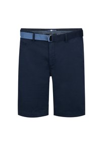 Navyblauwe shorts van katoen, met een vlakke voorkant, riemlussen en een blauwe geweven riem met een metalen gesp.