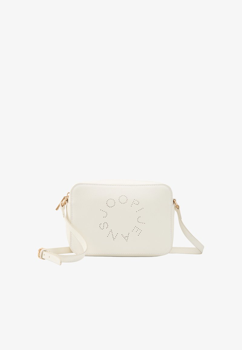 Borsa a tracolla in pelle bianca con design del logo perforato, forma rettangolare, chiusura con zip e spallaccio regolabile. Accenti in metallo color oro.