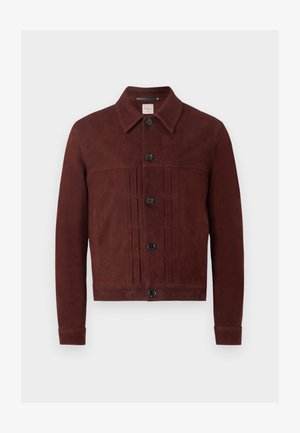 Muška tamno smeđa antilop jakna na kopčanje s izdignutim ovratnikom i dugim rukavima, s vertikalnim šavovima sprijeda.