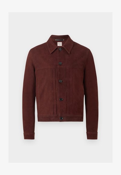 Σκούρο καφέ ανδρικό σουέτ μπουφάν με κουμπιά, μυτερό γιακά και μακριά μανίκια, με κάθετες ραφές μπροστά.