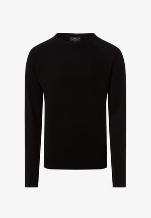 Schwarzer Pullover mit langen Ärmeln und Rundhalsausschnitt, aus strukturiertem Stoff gefertigt. Verfügt über Raglanärmel und einen geraden Saum. Keine sichtbaren Muster oder Akzente.