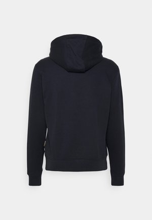 Donkerblauwe hoodie met een zachte textuur, voorzien van een grote capuchon, lange mouwen en een geribde zoom en manchetten. Geen zichtbare patronen of accenten.